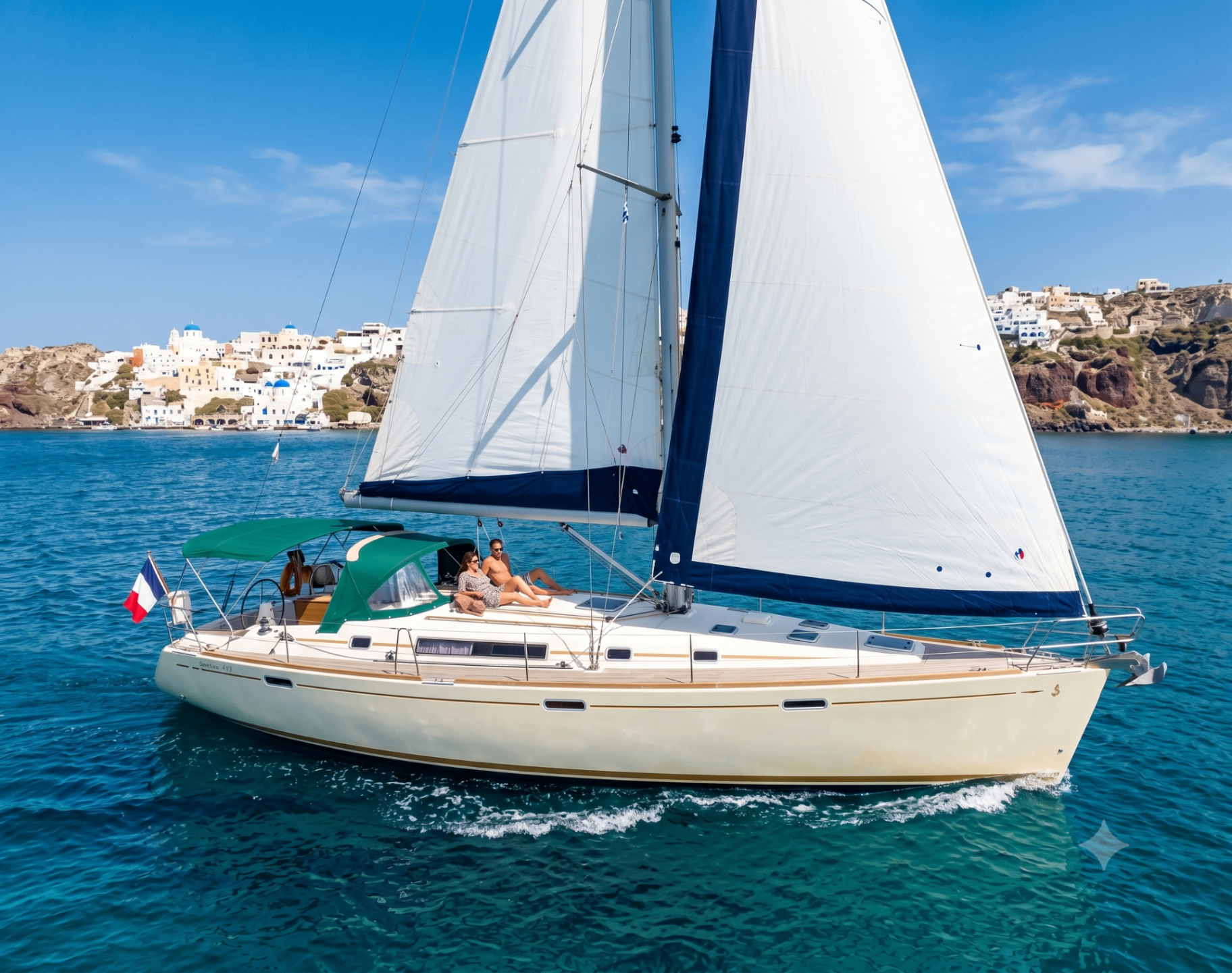Mojito under sail off the coast.