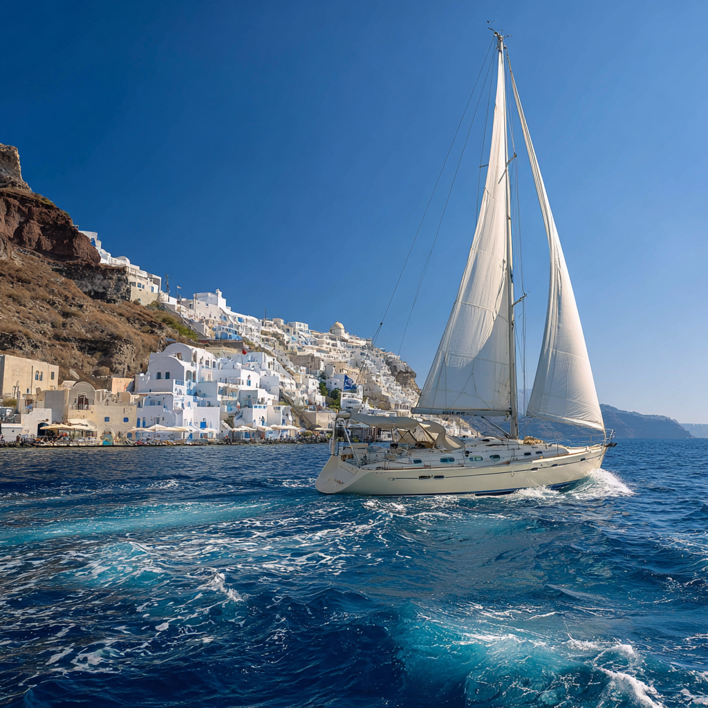 Mojito sailing past a white Mediterranean village.