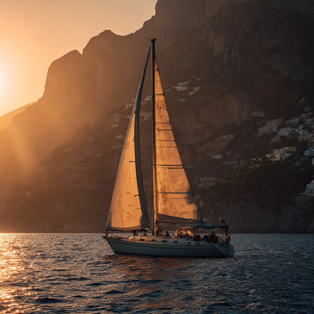 Mojito sailing past cliffs at sunset.